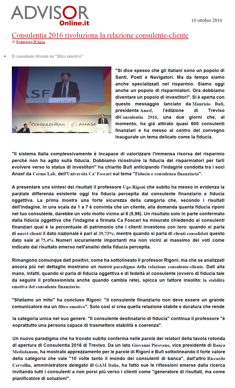 articolo Consulentia2016 Treviso su AdvisorOnline